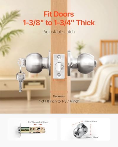 VEVOR Keyed Entry Door Knob, Satin Nickel Door Knob with Round Ball, Keyed Exterior & Thumb Turn Lock Interior, All Metal Doorknobs Hardware with Lock and Keys, Modern Design for Bedroom & Bathroom