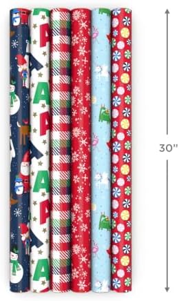 Hallmark Kids Christmas Wrapping Paper Rolls with Cutlines on Reverse (6 Rolls: 180 Sq. Ft. Total) Dinosaur, Unicorn, Flamingo, Koala