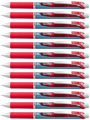 Pentel EnerGel Deluxe RTX Retractable Liquid Gel Pen, Medium Line, Needle Tip, Red Ink, Box of 12 (BLN77-B)