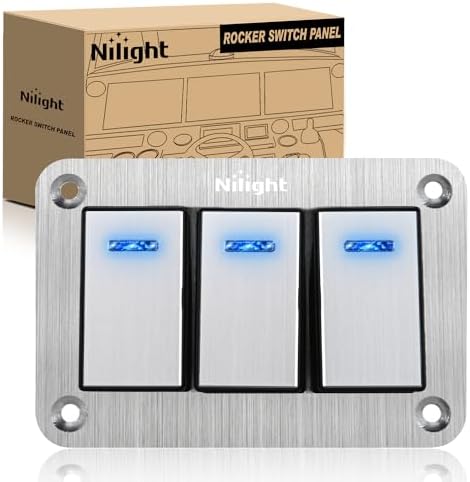 Nilight 3 Gang Rocker Switch Panel 3 Pin On Off Pre-Wired Blue LED