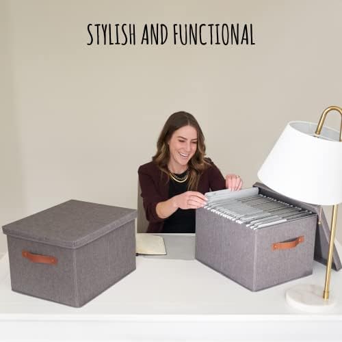 Decorative File Organizer Box Set of 2 - Collapsible Linen Filing Cabinets | Stores Documents and Hanging File Folders - Portable Office Crates with Lid and Handles for Easy Slide Access
