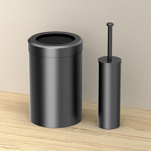 Gatco Small Bathroom Trash Can With Lid And Toilet Brush Set, Round 3 Gallon Stainless Steel Wastebasket, Under Sink, Matte Black, For Bathroom, Bedroom, Office (2977)