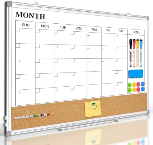 Monthly Dry Erase Calendar Whiteboard with Cork Board, 24" x 18", Silver
