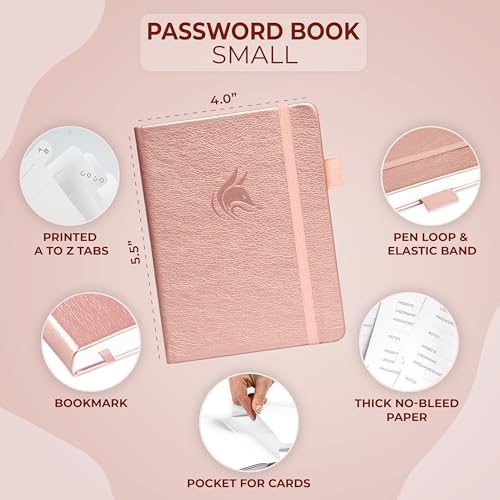 Clever Fox Password Book with Alphabetical Tabs, 4"x5.5" Keeper Rose Gold