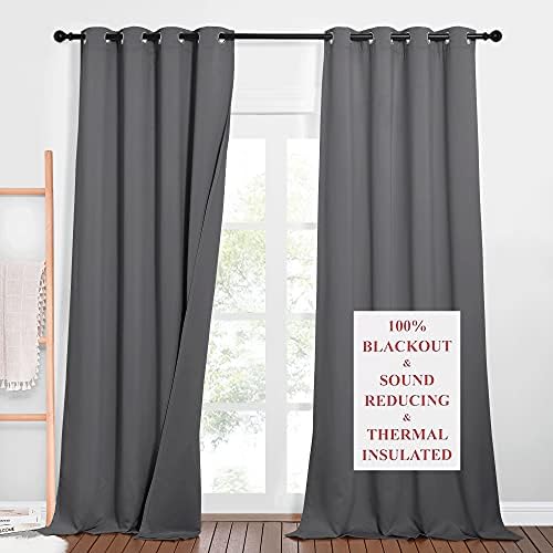 NICETOWN 3-in-1 Dampen Noise Blackout Thermal Reducing Curtains, Heavy Full Light Shading Drapes with Detachable Liner for Villa/Hall/Dorm Window（Gray, Package of 2, 52 inches Wide x 90 inches Long