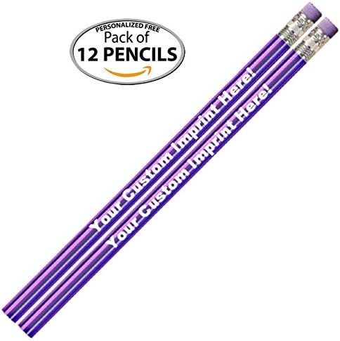 Personalized Custom Pencils - Round - Glitz & Glitter Full Color Print w/your name, message, text or logo - Made in USA - Great gift ideas - 12/Set (PURPLE WITH A PUNCH METALLIC FOIL)