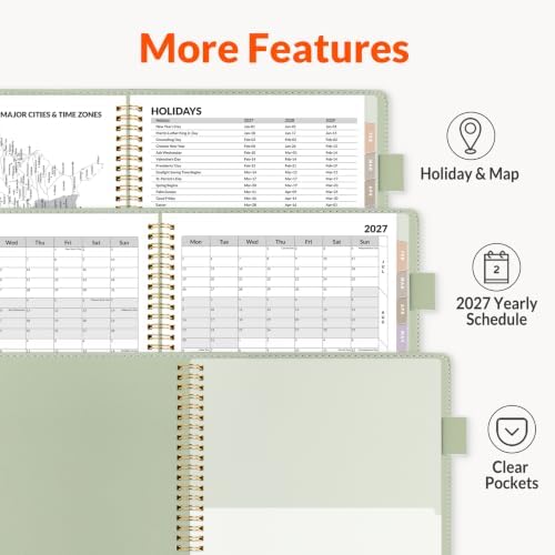 SUNEE 2027 Weekly & Monthly Planner 6.2"x8.5"- 12 Month (January 2027 - December 2027), Vegan Leather Cover, Pocket, Bookmark, Notes, Monthly Tab, Sage Green