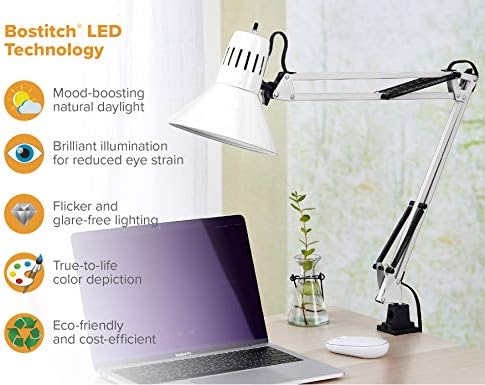 Bostitch Office VLF100-WHT Swing Arm Desk Lamp with Clamp Mount, 36" Reach with Multi-Joint Adjustment, Includes Replaceable LED Bulb (VLF), White