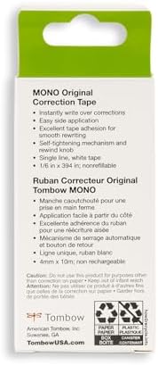 Tombow 68627 MONO Correction Tape, Non-refillable, White, 1/6" x 394", 2 Count (Pack of 1)