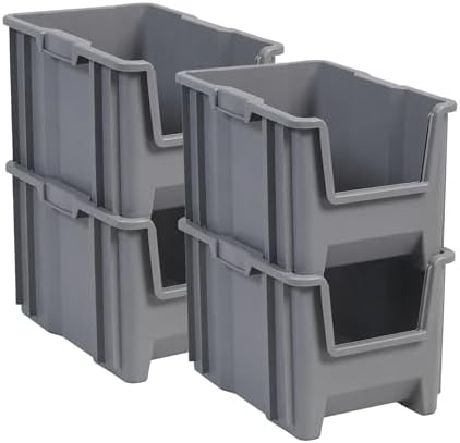 Akro-Mils Stak-N-Store Stackable Storage Bins, 17.5"x11"x12.5", Grey, 4-Pk
