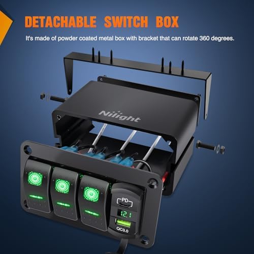 Nilight 3 Gang Rocker Switch Box 12V SPST ON Off Toggle Switches PD Type C and QC USB Charger Voltmeter LED Light Waterproof Aluminum Mount Bracket Panel DIY Stickers for Boat Car RV Truck