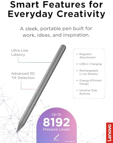Lenovo Yoga Pen 2 with Magnetic Pen Case, AES 3.0 Stylus with 8192 Pressure Levels, USB C Rechargeable, Tilt Detection, Multi Protocol Support for Lenovo Yoga 2 in 1 PCs, Luna Grey