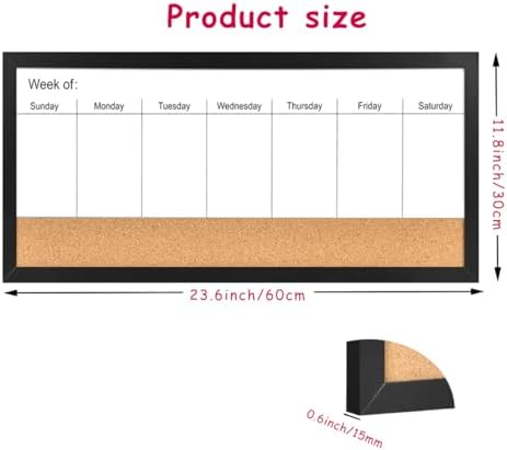 Magnetic Weekly Whiteboard and Cork Board, Black Wood Frame, 24" x 12"