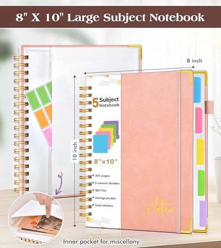 5 Subject Graph Paper Notebook with Removable Dividers Tabs, 300 Pages Hardcover Leather Grid Spiral Journal, 8"x10" B5 Large Graphing Notebooks for Women Men Work School College Engineering, Pink