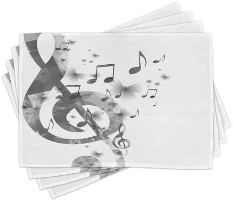 Lunarable Music Place Mats Set of 8, G-Clef Key Instrument Monochrome Creative Rhythmic Ornate Design Print, Washable Fabric Placemats for Dining Table, Placemat 8 pcs, Grey Cream