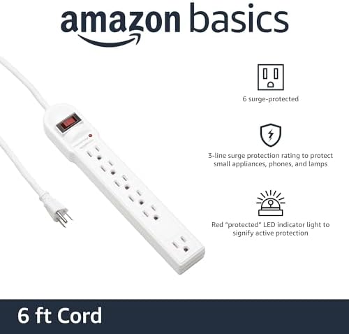 Amazon Basics Surge Protector Power Strip, 6-Outlet, 790 Joules, Circuit Breaker, LED Indicator, 6ft Extension Cord, White (Pack of 2)