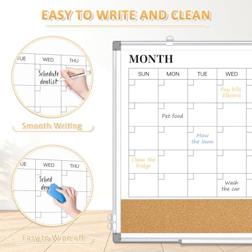 Monthly Dry Erase Calendar Whiteboard with Cork Board, 24" x 18", Silver