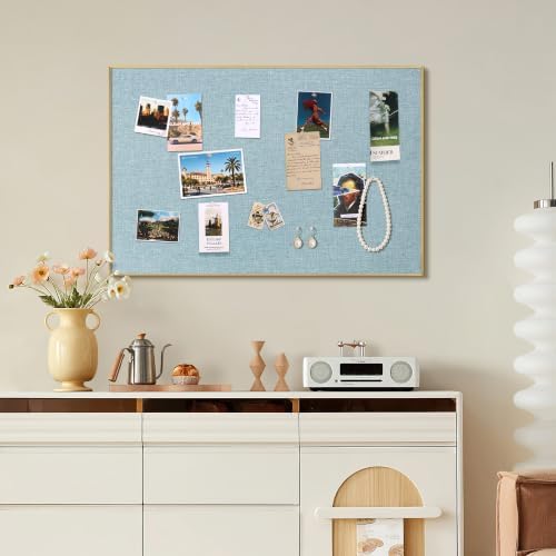 SELEAD Linen Bulletin Board 30” x 20” - Golden Aluminum Frame, Teal Fabric
