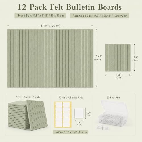 Large Felt Bulletin Board 12-Pack,48"x36" Cork Board,Sage Green