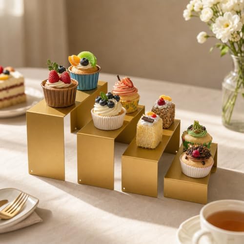 Gonice Display Risers, 8 PCS Gold Cupcake Stand, 4 Sizes Metal Rectangular Display Stand for Collectibles, Perfume, Doll, Vendor Events