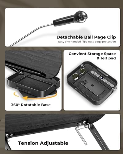 Adjustable Book Stand with Storage Drawer, 360° Rotating Book Holder, Height & Angle Adjustable, Extra-Wide Page Clips for Thick Books, Wood & Aluminum Book Stand for Desk, Study, Kitchen