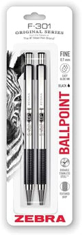 Zebra Pen STEEL F-301 Retractable Ballpoint Pen, Black Ink, 0.7mm, 2-Pack