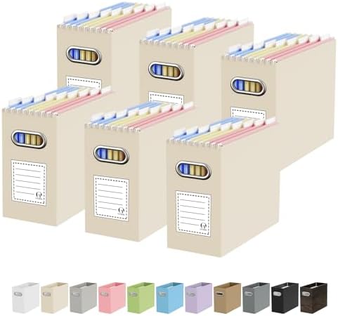 Oterri Portable Collapsible Cardboard File Box with Handle for Letter-Size | 6-Pack. Stainless Steel Handle. Label Stickers Included. Fits Letter Folders (Not Included). Home, Office, School, Dorm, Tax.