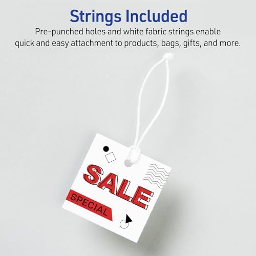 AVERY Square Tags White 1.5 inch | Printable | Pre-Punched with Strings | For Gifts and Products | Pack of 5, 1000 Count