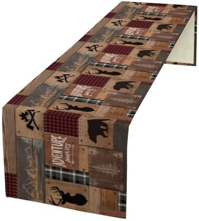 Rustic Cabin Moose Deer Bear Table Runner, Retro Bear Cottage Country Style Cabin Farmhouse Dinner Runner for Home Kitchen Dining Table Decoration 13"x108"