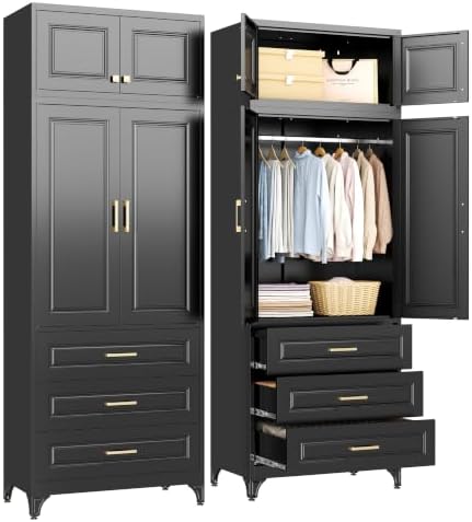 SteeLoong 86" Metal Wardrobe Cabinet,Armoire Wardrobe Closet with 3 Drawers