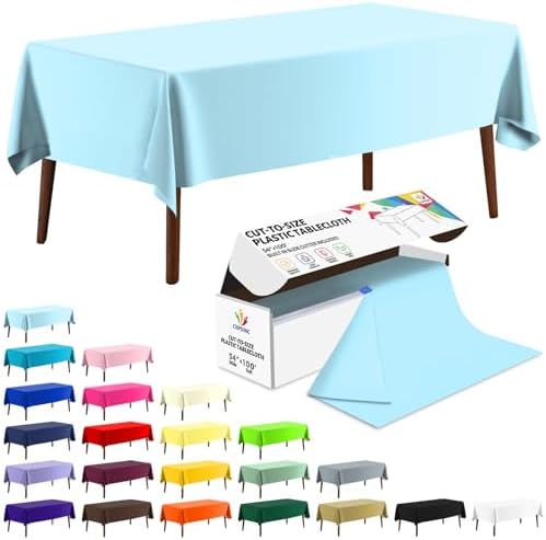 CXPSINC 54 Inch X 100 Feet Plastic Table Cover Roll Disposable Tablecloth with Slide Cutter for All Type/Shape Tables | Party, Banquet, Birthdays, Weddings(Light Blue, 100 Feet)
