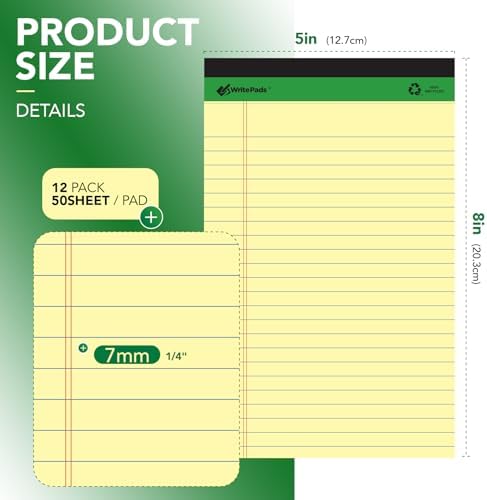 KAISA Yellow Legal Pads 12Pads 600 Sheets Writing Pads Recycled Paper 5"x8" Norrow Ruled Lined Paper Small Legal pad Perforated 50 sheets/pad Notepads Writing Tablet Canary For Office Supplies (Canary 12pads)