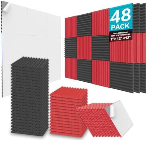 JBER 48 Pack Acoustic Foam Panels, 1" X 12" X 12" Upgraded Self-Adhesive Studio Soundproofing Wedges Fire Resistant Sound Proof Padding Acoustic Treatment Foam - Black & Red