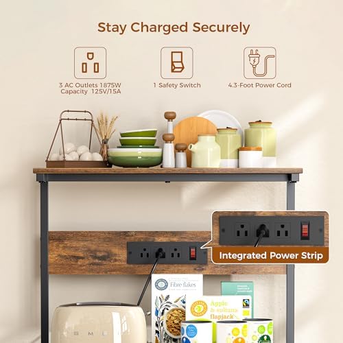 VUSIGN Kitchen Bakers Rack with Power Outlet, 4 Tiers Microwave Stand with Storage, 23.6 Inch Coffee Bar Station with 6 S Hooks, Adjustable Shelf Rack for Pots/Pans/Spices, Rustic Brown
