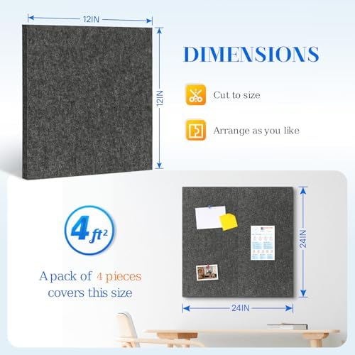 DOLLAR BOSS Felt Cork Board Tiles, 4 Packs 12" x 12" 1/2" Thick Cork Bulletin Board Self Adhesive Acoustic Panels Soundproof Corkboards for Walls with 40 Pushpins for Home Office Kitchen School, Grey