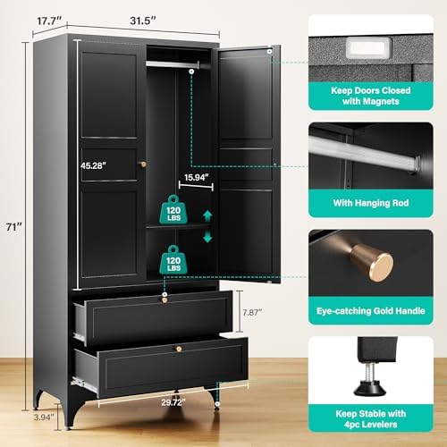 SISESOL Metal Wardrobe Cabinet with Drawer,Armoire Wardrobe Closet with Doors,Black Metal Clothing Storage Cabinet with Adjustable Shelves and Hanging Rod for Bedroom,Laundry,Home