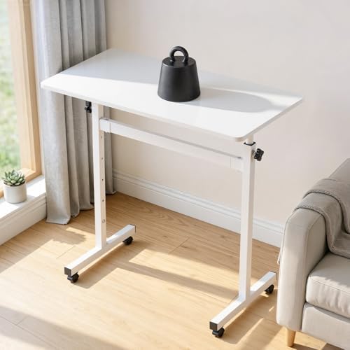 VEVOR Standing Desk, Adjustable Height Mobile Stand Up Desk with Lockable Casters, 32 x 16 in Small Computer Sit Stand Rolling Workstation with Hook, 55.1 lbs Desktop Capacity, for Home Office, White