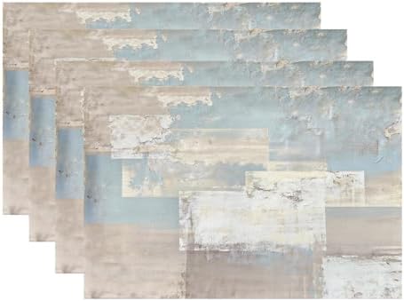 Batmerry Taupe Squares Texture Placemats,Grey and Beige Abstract Painting Washable Linen Table Mats for Kitchen Table Double Insulation Decor Dining Set Indoor Outdoor 12X18 in Set of 4