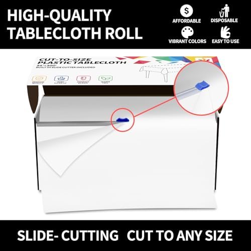 CXPSINC 54 Inch X 300 Feet Plastic Table Cover Roll Disposable Tablecloth with Slide Cutter for All Type/Shape Tables | Party, Banquet, Birthdays, Weddings(White, 300 Feet)