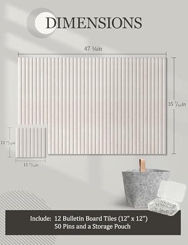 Felt Bulletin Board Tiles 48" x 36", Large Pin Board Wall Organizer Alternative, Self Adhesive Felt Wall Panels with 50 Push Pins & Storage Pouch for Office, Bedroom and Study Room, Oatmeal
