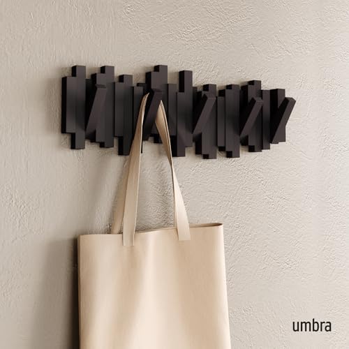 Umbra Sticks Wall Mount Coat Rack, 5 Hook Retractable Pegs, Espresso