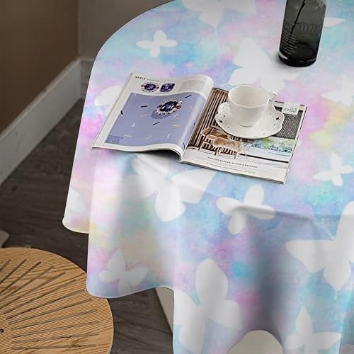 Rainbow Butterfly Tablecloth, Colorful Pink Blue White Butterflies Cartoon Print Table Cover for Farmhouse Kitchen Dining Room Table Decor, 50x50in