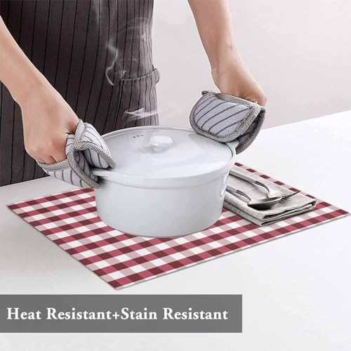 Christmas Placemats Set of 4, Rustic Burgundy White Buffalo Check Plaid Pattern Heat Resistant Washable Table Place Mats Farmhouse Table Linens Party Holiday Decor for Kitchen Dining Outdoor Indoor