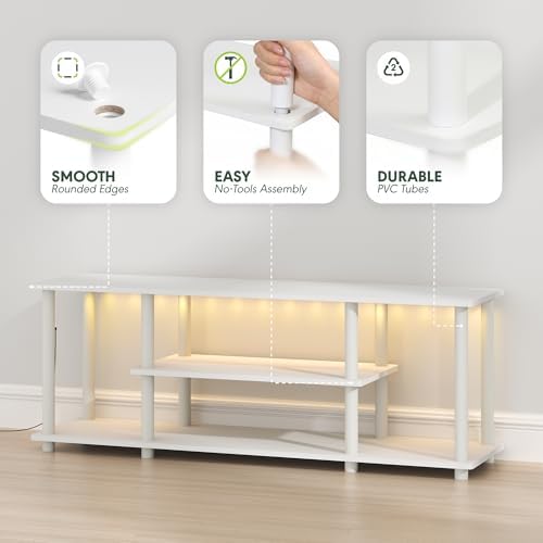 Furinno Turn-N-Tube 3-Tier No Tools TV Stand with LED Lights, White | for TV up to 50 Inch, Open Frame Entertainment Center, TV Console for Living Room, Bedroom