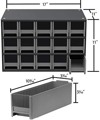 Akro-Mils Steel Garage Storage Cabinet, Small Parts Organizer Metal Cabinet for Hardware, Nails, Screws, Bolts, Nuts, and More, 17" W x 11" D x 11" H, 15-Drawer, Gray Cabinet/Blue Drawers (19715)