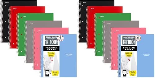 Five Star Spiral Notebook + Study App,1 Subject,Graph Ruled Paper,8-1/2" x 11",100 Sheets,Fights Ink Bleed,Water Resistant Cover,Assorted Colors (73549),6 Count (Pack of 2)