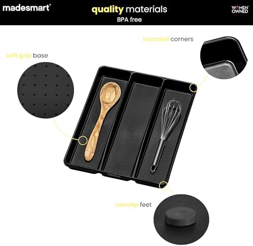 madesmart Classic 3 Compartment Utensil Tray, Carbon
