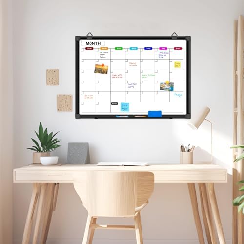 Calendar Whiteboard for Wall 24" x 18", with Black Aluminum Frame