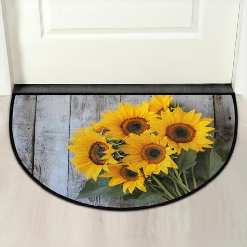 Vintage Sunflower Wood Half Round Door Mat Non Slip Washable Semi Circle Area Rug Absorbent Soft Half Moon Rug Floor Mat for Indoor Outdoor Kitchen Bathroom Patio Front Door Mat Decor