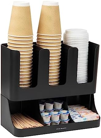 Mind Reader Condiment Station, 13 Inch Countertop Coffee Bar Organizer with 6 Compartments, Storage Caddy for Cups, Lids and Packets, Plastic, Black
